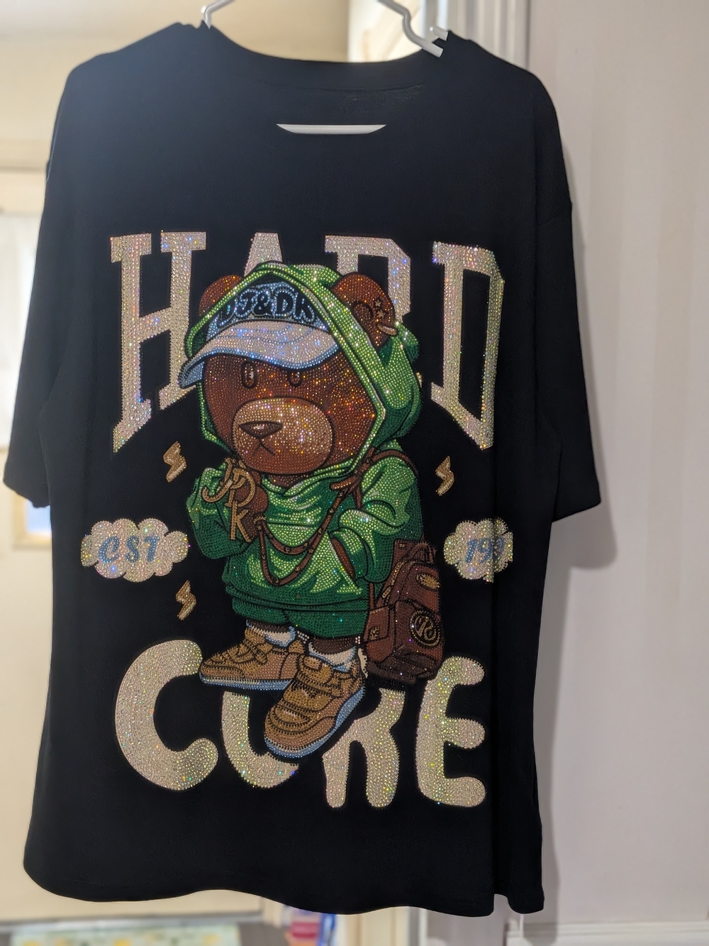 Unbranded Black Teddy Bear Graphic Wall Art Print with Green Hoodie